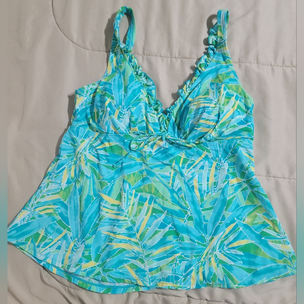 Kim Rogers Blue Green & Yellow Leaf Print Tankini Top - Size 18W